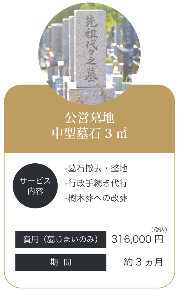 公営墓地中型墓石 3㎡費用316,000円（墓じまいのみ）期間約3ヵ月