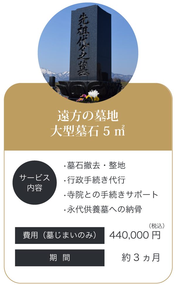 遠方の墓地大型墓石 5㎡費用440,000円（墓じまいのみ）期間約3ヵ月